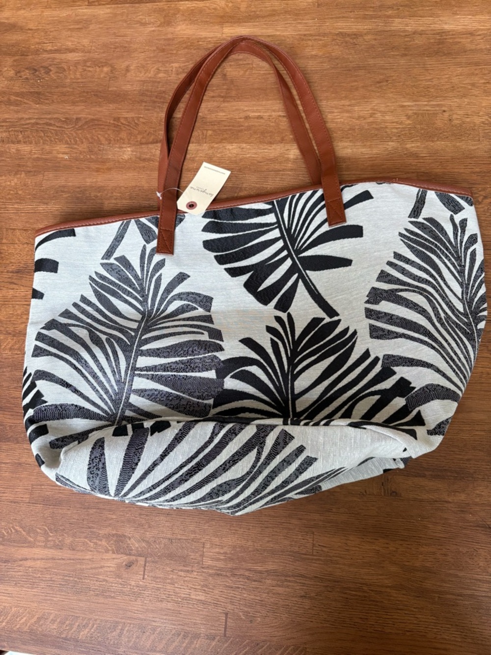Tangerine Black-and-Cream Palm-Leaf Canvas Tote with Brown Handles
